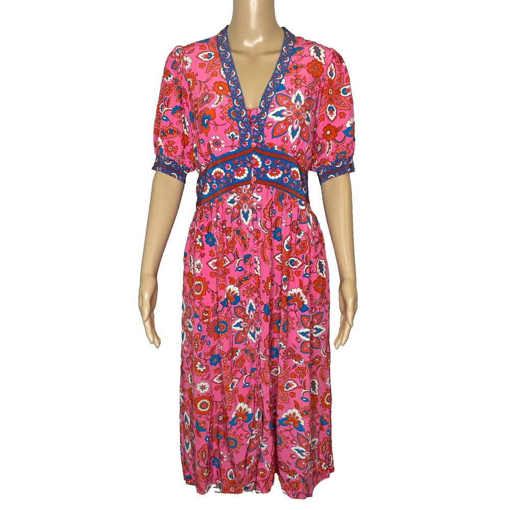 Boden Pink Floral Midi Dress with Blue Trim